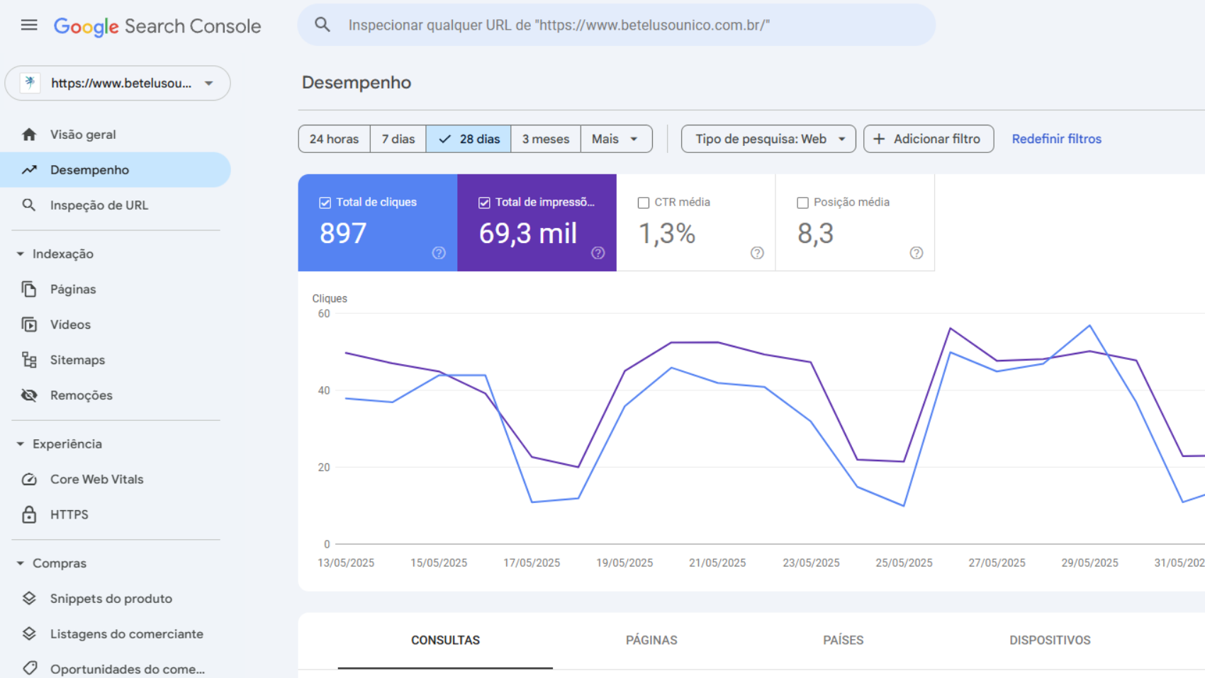Serviço de SEO realizado pela Realiza para Betel Uso Único, tela do Google Search Console