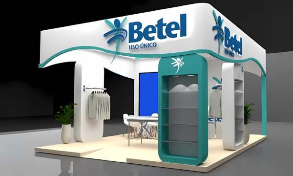 Estande da Betel Uso Único em feira hospitalar, desenvolvido para fortalecer a presença da marca com marketing digital para médicos.