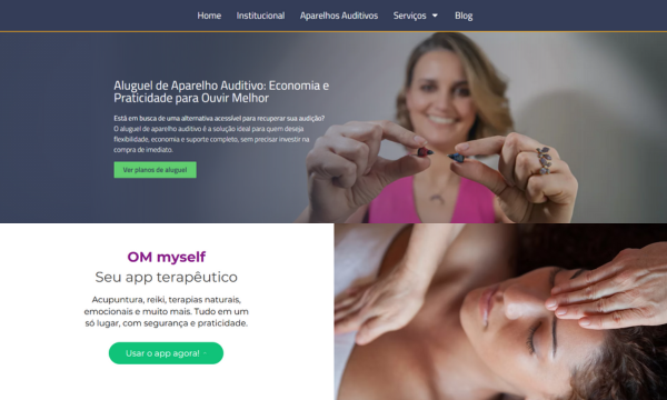 Página de destaque com cases reais da saúde: aluguel de aparelho auditivo da Audiba e o app terapêutico OM Myself.