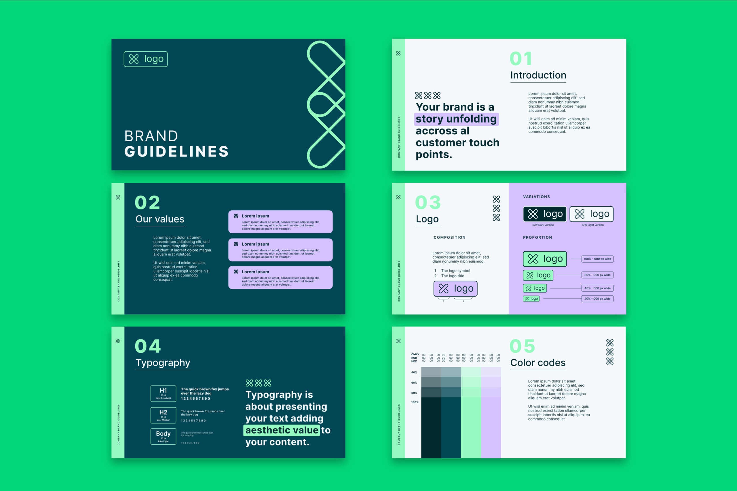 Exemplo de brand guidelines criado por agência de branding, destacando valores, logo, tipografia e paleta de cores da marca.