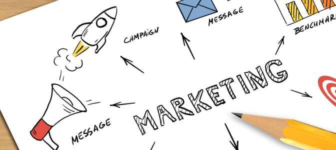 Ilustração representando o que é marketing digital, com ícones de comunicação, mídias e estratégias digitais ao redor da palavra marketing