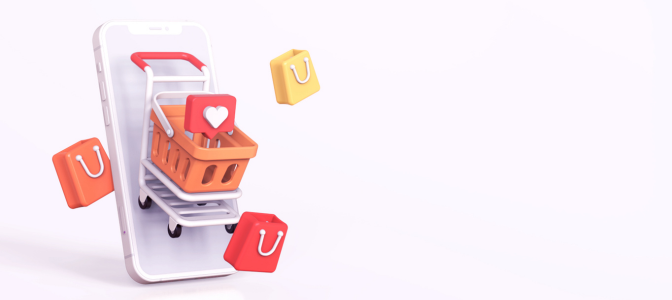 Ilustração de carrinho de compras saindo da tela de um smartphone, representando loja virtual, e-commerce e experiência de compra online.
