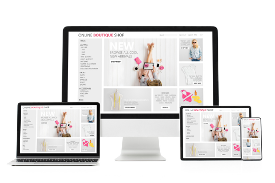 Layout de loja virtual responsiva exibida em desktop, notebook, tablet e smartphone, representando e-commerce profissional preparado para campanhas de Google Ads e Meta Ads.
