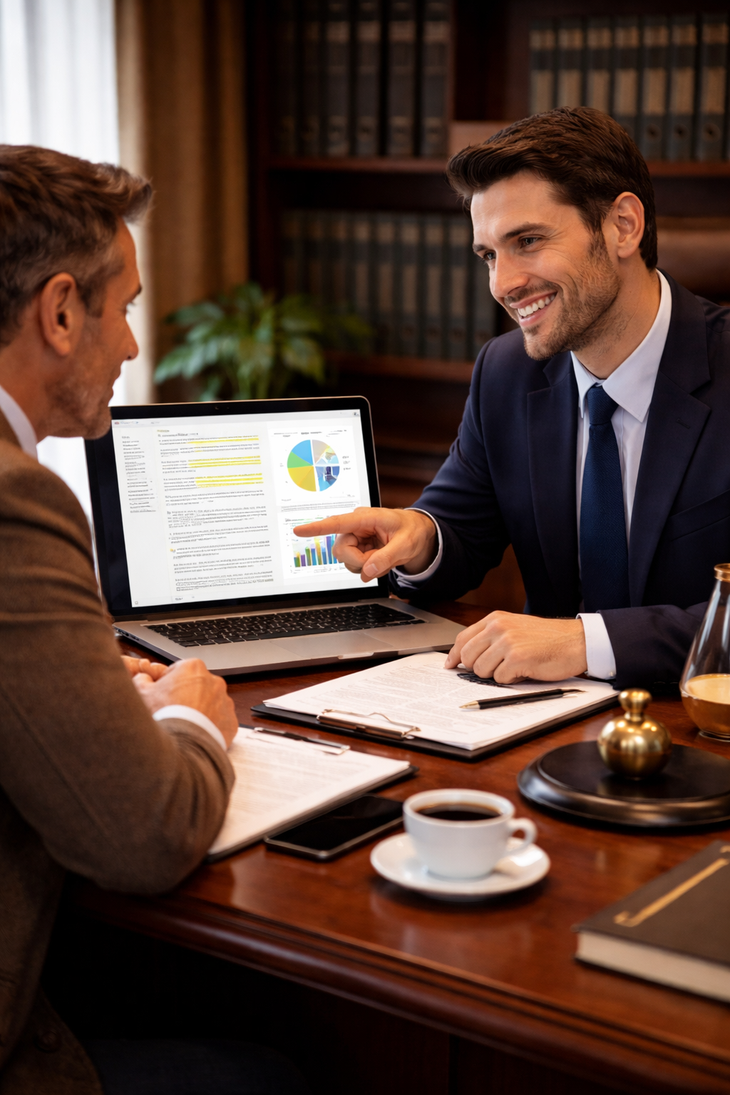 Advogado e cliente em reunião estratégica no escritório