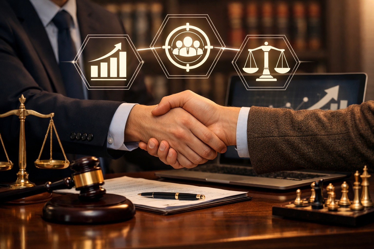 Aperto de mãos entre advogado e cliente simbolizando parceria estratégica de marketing para advogados