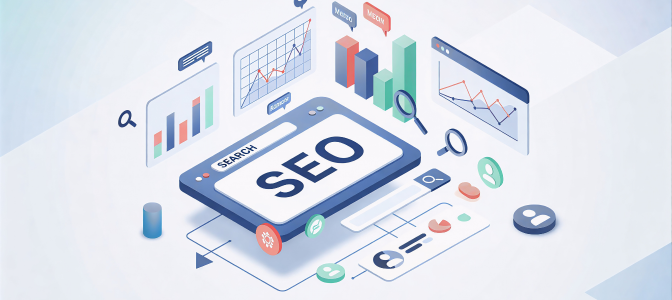 Ilustração de SEO com gráficos, análise de dados e otimização de site para aparecer no Google.
