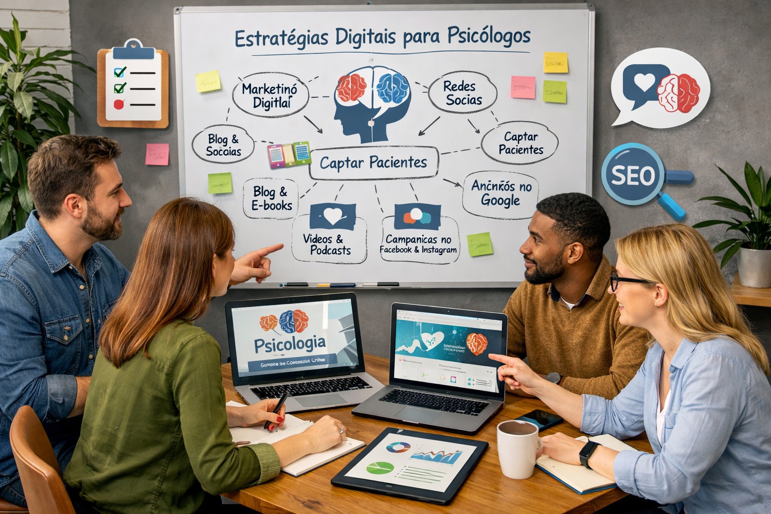 Equipe de marketing planejando estratégias digitais para profissionais da psicologia