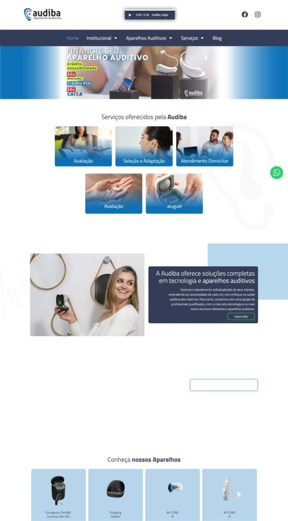 Exemplo de site institucional da Audiba Aparelhos Auditivos, com SEO local