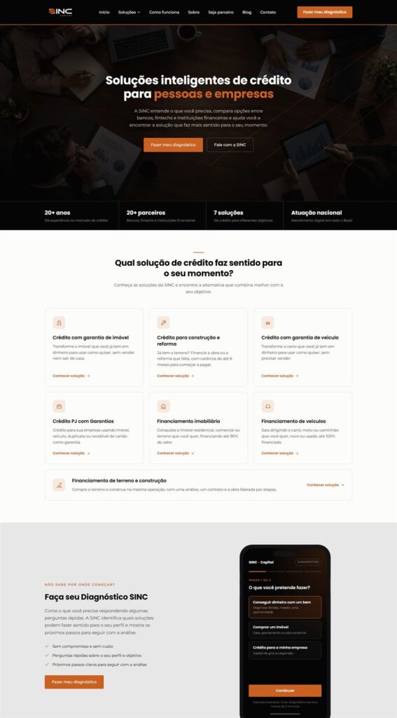 Exemplo de site institucional da SINC Capital, empresa de soluções de crédito
