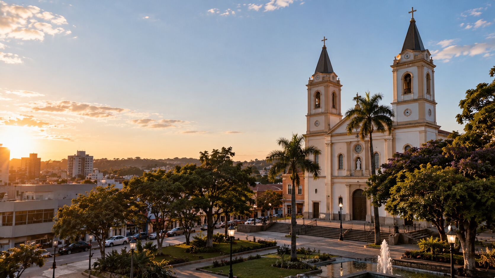 Marketing digital em Campo Largo: praça e igreja matriz no centro da cidade ao pôr do sol