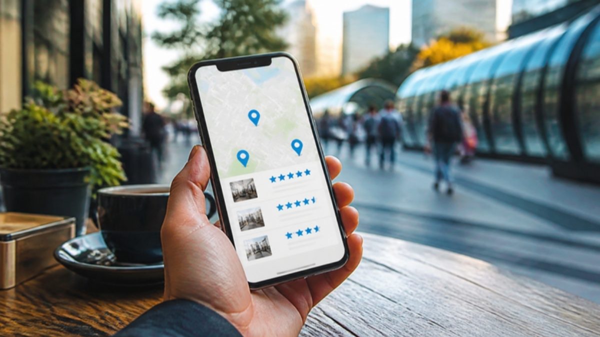 Celular mostrando o mapa do Google com empresas avaliadas numa rua de Curitiba