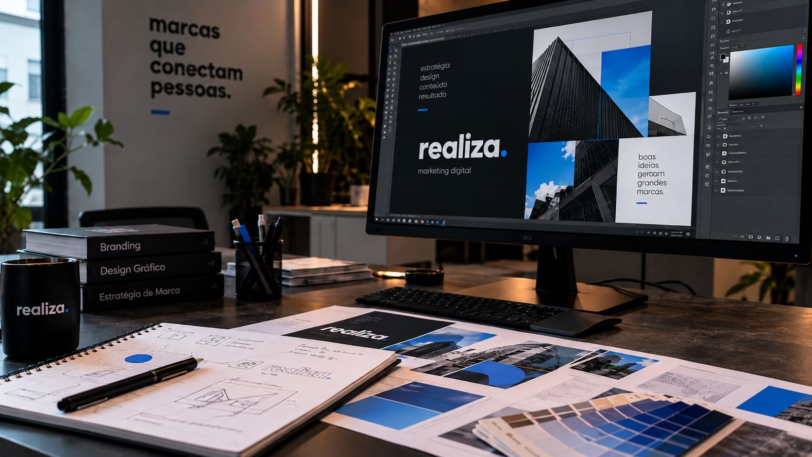 Design gráfico em Curitiba: mesa de estúdio da Realiza com projeto de identidade visual no monitor, livros de branding, esboços e amostras de cor