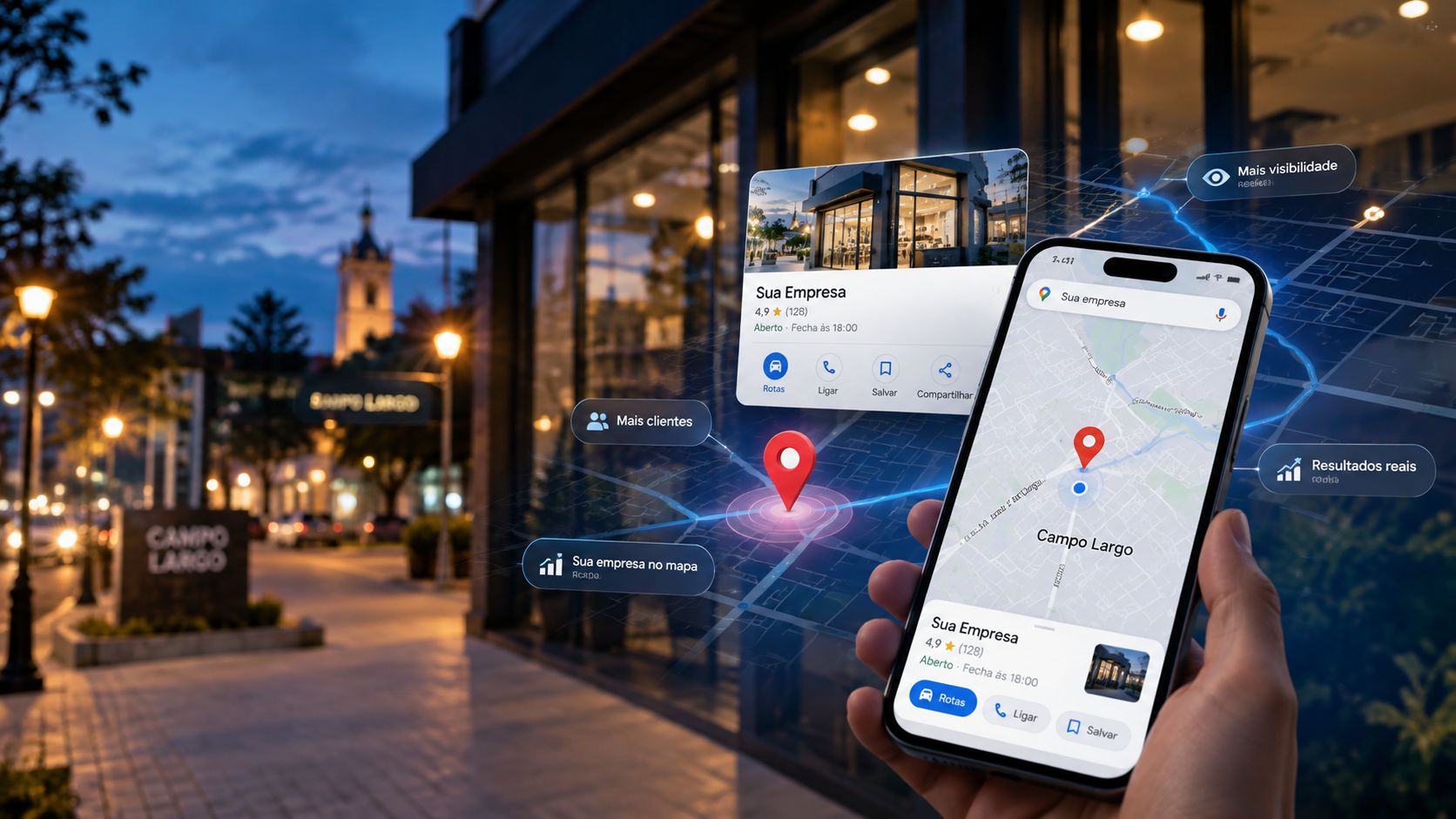 Google Meu Negócio em Curitiba: celular mostrando o perfil da empresa no mapa, com rota e avaliações, em frente à loja
