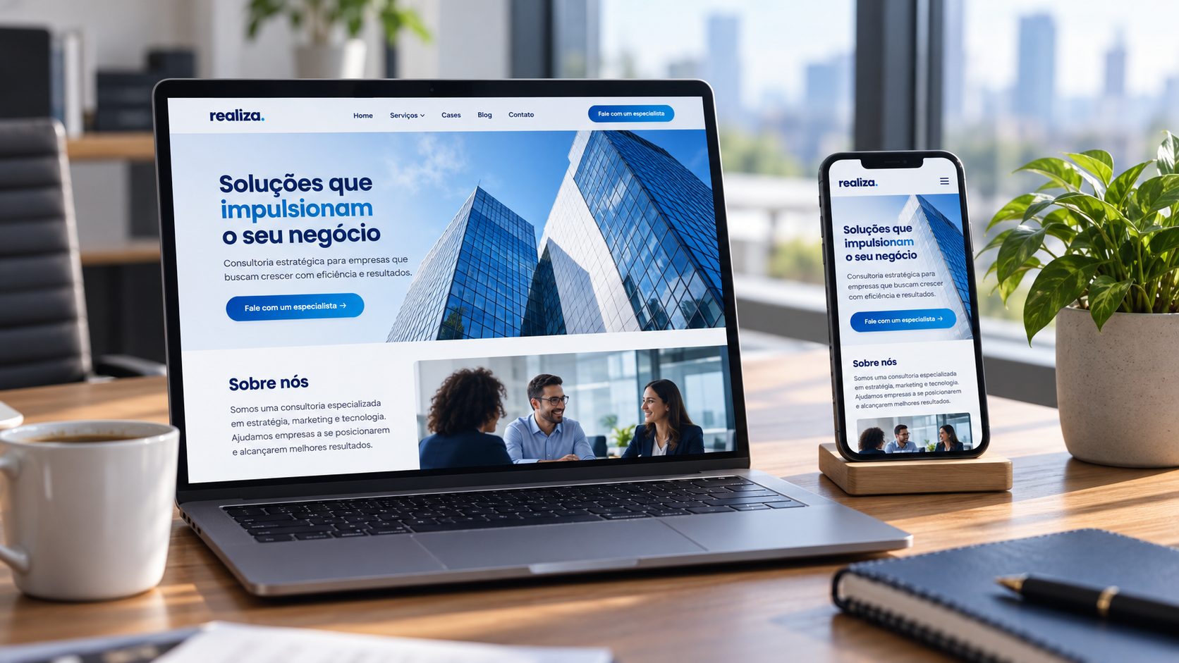 Site institucional criado pela Realiza aberto no notebook e no celular, em escritório com vista para a cidade